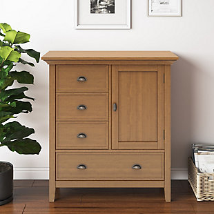 You like to be neat and tidy...that's good, so do we. It is for this reason we designed the Redmond Medium Storage Cabinet. Four drawers and one cabinet conveniently hold your personal items offering an abundance of versatility to effortlessly organize by design and store away anything you wish to remain hidden...your secret is safe with us. This flexible and functional piece can be used in just about any room in your home. Efforts are made to reproduce accurate colors, variations in color may occur due to computer monitor and photography; At Simpli Home we believe in creating excellent, high quality products made from the finest materials at an affordable price. Every one of our products come with a 1-year warranty and easy returns if you are not satisfiedDIMENSIONS: 17" D x 39" W x 42" H | Handcrafted with care using the finest quality solid wood | Hand-finished with a Light Golden Brown stain and a protective NC lacquer to accentuate and highlight the grain and the uniqueness of each piece of furniture | Multipurpose cabinet offers plenty of functional storage. Looks great in your living room, entryway, bedroom ,dining room, condo or office | Features three small drawers, one bottom large drawer and one door opens to large cabinet space with one shelf | Transitional Style includes tapered legs, molded crown edged table top and antique brass hardware. | Assembly Required | We believe in creating excellent, high quality products made from the finest materials at an affordable price. Every one of our products come with a 1-year warranty and easy returns if you are not satisfied.