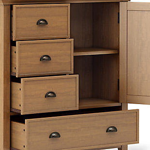 You like to be neat and tidy...that's good, so do we. It is for this reason we designed the Redmond Medium Storage Cabinet. Four drawers and one cabinet conveniently hold your personal items offering an abundance of versatility to effortlessly organize by design and store away anything you wish to remain hidden...your secret is safe with us. This flexible and functional piece can be used in just about any room in your home. Efforts are made to reproduce accurate colors, variations in color may occur due to computer monitor and photography; At Simpli Home we believe in creating excellent, high quality products made from the finest materials at an affordable price. Every one of our products come with a 1-year warranty and easy returns if you are not satisfiedDIMENSIONS: 17" D x 39" W x 42" H | Handcrafted with care using the finest quality solid wood | Hand-finished with a Light Golden Brown stain and a protective NC lacquer to accentuate and highlight the grain and the uniqueness of each piece of furniture | Multipurpose cabinet offers plenty of functional storage. Looks great in your living room, entryway, bedroom ,dining room, condo or office | Features three small drawers, one bottom large drawer and one door opens to large cabinet space with one shelf | Transitional Style includes tapered legs, molded crown edged table top and antique brass hardware. | Assembly Required | We believe in creating excellent, high quality products made from the finest materials at an affordable price. Every one of our products come with a 1-year warranty and easy returns if you are not satisfied.