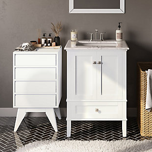 Have a little unused spot in your bathroom? This compact floor storage cabinet would be perfect! Four pull-out drawers offer out-of-sight storage for makeup and brushes. Features contemporary details and a crisp Pure White finish. Maximize your bathroom storage with our Draper Mid Century Four Drawer Floor Storage Cabinet, a stunning accent piece that brings contemporary to your bathroom or other areas of you home.; Efforts are made to reproduce accurate colors, variations in color may occur due to computer monitor and photography; At Simpli Home we believe in creating excellent, high quality products made from the finest materials at an affordable price. Every one of our products come with a 1-year warranty and easy returns if you are not satisfiedDIMENSIONS: 16" D x 18" W x 32" H | Constructed using solid Acacia, Rubber wood and Engineered Wood | Durable white painted finish sealed with a premium NC lacquer coating | Features four drawers with recessed drawer pulls | Mid Century Modern design | Assembly required | We believe in creating excellent, high quality products made from the finest materials at an affordable price. Every one of our products come with a 1-year warranty and easy returns if you are not satisfied.