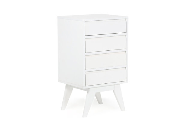 Have a little unused spot in your bathroom? This compact floor storage cabinet would be perfect! Four pull-out drawers offer out-of-sight storage for makeup and brushes. Features contemporary details and a crisp Pure White finish. Maximize your bathroom storage with our Draper Mid Century Four Drawer Floor Storage Cabinet, a stunning accent piece that brings contemporary to your bathroom or other areas of you home.; Efforts are made to reproduce accurate colors, variations in color may occur due to computer monitor and photography; At Simpli Home we believe in creating excellent, high quality products made from the finest materials at an affordable price. Every one of our products come with a 1-year warranty and easy returns if you are not satisfiedDIMENSIONS: 16" D x 18" W x 32" H | Constructed using solid Acacia, Rubber wood and Engineered Wood | Durable white painted finish sealed with a premium NC lacquer coating | Features four drawers with recessed drawer pulls | Mid Century Modern design | Assembly required | We believe in creating excellent, high quality products made from the finest materials at an affordable price. Every one of our products come with a 1-year warranty and easy returns if you are not satisfied.