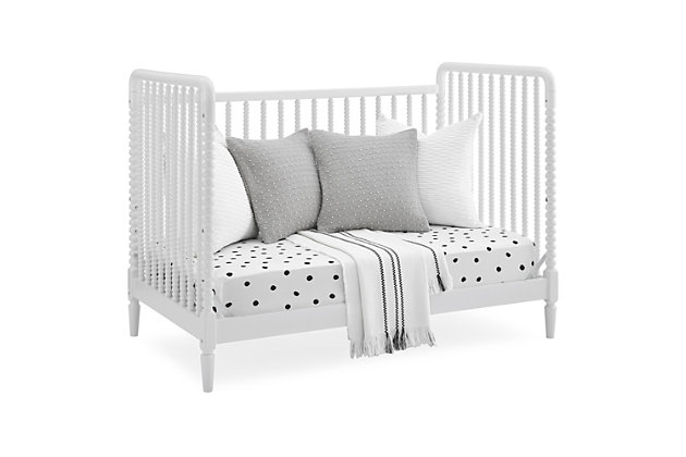 A modern take on vintage-inspired Jenny Lind furniture, the Saint 4-in-1 convertible crib is a timeless option for your baby's nursery. Adorned with solid wood turned spindles all around, it can be styled a variety of ways to effortlessly create a look all your own. This crib grows with your little one, transforming into a toddler bed, sofa and daybed as your child gets older. To complete your nursery, pair it with the Saint 4-drawer dresser with changing top.Made of wood in white finish | Converts from crib to toddler bed, sofa and daybed (conversion rail included) | Adjustable height mattress support with 3 convenient positions to grow with your baby (mattress not included) | Pair with saint 4-drawer dresser with changing top (sold separately) | Jpma certified; tested above and beyond industry standards | For any questions regarding delta children products, please contact consumersupport@deltachildren.com monday to friday, 8:30 a.m. To 6 p.m. (est) | Assembly required