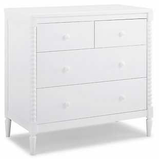 A modern take on vintage-inspired Jenny Lind furniture, the Saint 4-drawer dresser with changing top is a timeless option for your baby's nursery. Adorned with pine wood turned posts, it can be styled a variety of ways to effortlessly create a look all your own. The removable changing top creates a perfect spot for diaper duty, and can be removed for a more grown-up space later on. To complete the nursery, pair this dresser with the Saint 4-in-1 convertible crib.Made of wood and engineered wood | White finish | 4 spacious drawers for ample storage; removable changing top | Ul stability verified; tested to astm f2057 furniture safety standard; includes wall anchor | Pair with saint 4-in-1 convertible crib (sold separately) | For any questions regarding delta children products, please contact consumersupport@deltachildren.com monday to friday, 8:30 a.m. To 6 p.m. (est) | Assembly required