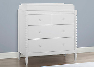 A modern take on vintage-inspired Jenny Lind furniture, the Saint 4-drawer dresser with changing top is a timeless option for your baby's nursery. Adorned with pine wood turned posts, it can be styled a variety of ways to effortlessly create a look all your own. The removable changing top creates a perfect spot for diaper duty, and can be removed for a more grown-up space later on. To complete the nursery, pair this dresser with the Saint 4-in-1 convertible crib.Made of wood and engineered wood | White finish | 4 spacious drawers for ample storage; removable changing top | Ul stability verified; tested to astm f2057 furniture safety standard; includes wall anchor | Pair with saint 4-in-1 convertible crib (sold separately) | For any questions regarding delta children products, please contact consumersupport@deltachildren.com monday to friday, 8:30 a.m. To 6 p.m. (est) | Assembly required