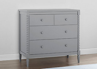 A modern take on vintage-inspired Jenny Lind furniture, the Saint 4-drawer dresser with changing top is a timeless option for your baby's nursery. Adorned with pine wood turned posts, it can be styled a variety of ways to effortlessly create a look all your own. The removable changing top creates a perfect spot for diaper duty, and can be removed for a more grown-up space later on. To complete the nursery, pair this dresser with the Saint 4-in-1 convertible crib.Made of wood and engineered wood | Gray finish | 4 spacious drawers for ample storage; removable changing top | Ul stability verified; tested to astm f2057 furniture safety standard; includes wall anchor | Pair with saint 4-in-1 convertible crib (sold separately) | For any questions regarding delta children products, please contact consumersupport@deltachildren.com monday to friday, 8:30 a.m. To 6 p.m. (est) | Assembly required