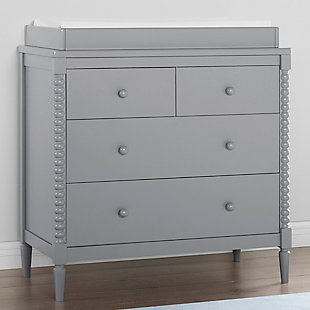 A modern take on vintage-inspired Jenny Lind furniture, the Saint 4-drawer dresser with changing top is a timeless option for your baby's nursery. Adorned with pine wood turned posts, it can be styled a variety of ways to effortlessly create a look all your own. The removable changing top creates a perfect spot for diaper duty, and can be removed for a more grown-up space later on. To complete the nursery, pair this dresser with the Saint 4-in-1 convertible crib.Made of wood and engineered wood | Gray finish | 4 spacious drawers for ample storage; removable changing top | Ul stability verified; tested to astm f2057 furniture safety standard; includes wall anchor | Pair with saint 4-in-1 convertible crib (sold separately) | For any questions regarding delta children products, please contact consumersupport@deltachildren.com monday to friday, 8:30 a.m. To 6 p.m. (est) | Assembly required