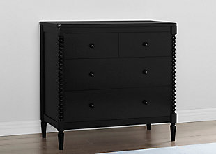 A modern take on vintage-inspired Jenny Lind furniture, the Saint 4-drawer dresser with changing top is a timeless option for your baby's nursery. Adorned with pine wood turned posts, it can be styled a variety of ways to effortlessly create a look all your own. The removable changing top creates a perfect spot for diaper duty, and can be removed for a more grown-up space later on. To complete the nursery, pair this dresser with the Saint 4-in-1 convertible crib.Made of wood and engineered wood | Black finish | 4 spacious drawers for ample storage; removable changing top | Ul stability verified; tested to astm f2057 furniture safety standard; includes wall anchor | Pair with saint 4-in-1 convertible crib (sold separately) | For any questions regarding delta children products, please contact consumersupport@deltachildren.com monday to friday, 8:30 a.m. To 6 p.m. (est) | Assembly required