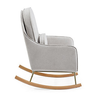 Add a stylish and sustainable seat to your nursery (or any other room in the house!) with this Ella Rocker by Delta Children. Upholstered in LiveSmart Evolve fabric, it brings together three incredible qualities to create a superior performance fabric: recycled fibers, water repellency, and stain resistance. Made with at least 30% of high-quality polyester yarn created from recycled post-consumer plastic bottles, this durable fabric helps divert plastics from landfills. Plus, it’s as comfy and beautiful as it is good for the environment. Designed with modern rounded curves, a metal base and solid wood feet, this rocking chair includes a movable lumbar cushion for additional support. The perfect choice for busy families, its stain-resistant and moisture repelling abilities make it the smart choice for high traffic areas like the nursery or living room. Now, you can live worry-free from stains or spills AND be a part of positive change! Pair with the coordinating Ella Ottoman to complete the look. Available in Limestone, Stone Gray and Slate Blue. Delta Children was founded around the idea of making safe, high-quality children's products affordable for all families. They know there's nothing more important than safety when it comes to your child's space. That's why all Delta Children products are built with long-lasting materials to ensure they stand up to years of jumping and playing. Plus, they are rigorously tested to meet or exceed all industry safety standards.Gentle rocking motion: durable steel and wood construction to ensure quiet movements as you  rock with your baby; felt strip on the rocker base  protects your floors; use this glider in your nursery, living room, master bedroom or man cave | Livesmart evolve fabric: this rocker brings together 3 incredible qualities to create a superior performance fabric: recycled fibers, water repellency, and stain resistance; made with 30% polyester yarn created from recycled post-consumer plastic bottles; livesmart technology allows spills to bead up, sitting on top of the fabric until you gently blot them away | Design accents: lumbar back cushion for added support; modern metal and wood rocking base adds timeless style to any space | Super comfortable: armrests and seat cushion are thickly padded for comfort; seat cushion features pocketed coil spring construction for long lasting comfort and support; seat cushion is removable for easy cleaning | Size/sturdy build: sturdy wood frame provides stability; tested for safety and expertly crafted for durability; assembled dimensions: 25.75"w x 37.75"d x 39.5"h; seat: 20.75"w x 20.25"d x 18.25"h from floor; seat cushion: 4.5" thick; seat back: 25"h
