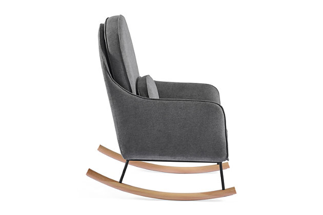 Add a stylish and sustainable seat to your nursery (or any other room in the house!) with this Ella Rocker by Delta Children. Upholstered in LiveSmart Evolve fabric, it brings together three incredible qualities to create a superior performance fabric: recycled fibers, water repellency, and stain resistance. Made with at least 30% of high-quality polyester yarn created from recycled post-consumer plastic bottles, this durable fabric helps divert plastics from landfills. Plus, it’s as comfy and beautiful as it is good for the environment. Designed with modern rounded curves, a metal base and solid wood feet, this roc chair includes a movable lumbar cushion for additional support. The perfect choice for busy families, its stain-resistant and moisture repelling abilities make it the smart choice for high traffic areas like the nursery or living room. Now, you can live worry-free from stains or spills AND be a part of positive change! Pair with the coordinating Ella Ottoman to complete the look. Available in Limestone, Stone Gray and Slate Blue. Delta Children was founded around the idea of ma safe, high-quality children's products affordable for all families. They know there's nothing more important than safety when it comes to your child's space. That's why all Delta Children products are built with long-lasting materials to ensure they stand up to years of jumping and playing. Plus, they are rigorously tested to meet or exceed all industry safety standards.Gentle roc motion: durable steel and wood construction to ensure quiet movements as you rock with your baby; felt strip on the rocker base protect your floors; use this glider in your nursery, living room, master bedroom or man cave | Livesmart evolve fabric: this rocker brings together 3 incredible qualities to create a superior performance fabric: recycled fibers, water repellency, and stain resistance; made with 30% polyester yarn created from recycled post-consumer plastic bottles; livesmart technology allows spills to bead up, sitting on top of the fabric until you gently blot them away | Design accents: lumbar back cushion for added support; modern metal and wood roc base adds timeless style to any space | Super comfortable: armrests and seat cushion are thickly padded for comfort; seat cushion features pocketed coil spring construction for long lasting comfort and support; the seat cushion is removable for easy cleaning | Size/sturdy build: sturdy wood frame provides stability; tested for safety and expertly crafted for durability; assembled dimensions: 25.75"w x 37.75"d x 39.5"h; seat: 20.75"w x 20.25"d x 18.25"h from floor; seat cushion: 4.5" thick; seat back: 25"h