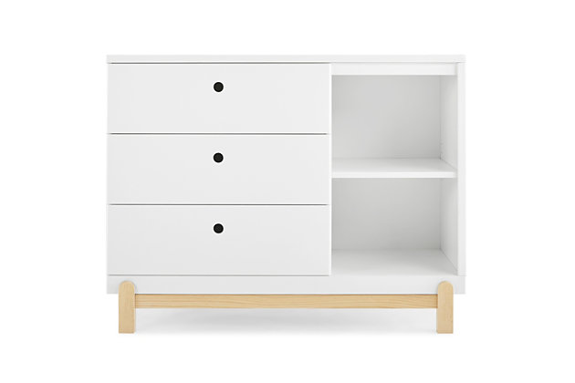 Bring style and convenient storage to your little one's bedroom with the Poppy 3-drawer dresser with cubbies by Delta Children. This dresser features three drawers to hold clothes, while the other side features two open cubbies to house books, bins or toys. Modern and playful, it features a natural wood base and feet paired with a contrasting finish on top for a look that works from baby to big kid. To complete your child’s bedroom, pair it with the Poppy 4-in-1 convertible crib.Made of wood and engineered wood; two-tone finish | 3 drawers and 2 open cubbies | Pair with poppy 4-in-1 convertible crib (sold separately) | Ul stability verified; tested to astm f2057 furniture safety standard | Includes wall anchor | For any questions regarding delta children products, please contact consumersupport@deltachildren.com monday to friday, 8:30 a.m. To 6 p.m. (est) | Assembly required