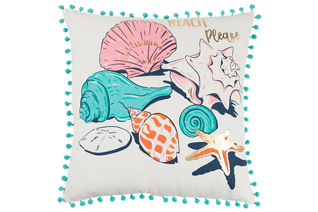This pillow is part of the Simply Southern Pillow Collection. Whimsically styled sea shells feature colorful intrepretations. Gold foil print adds a hint of sparkle and gives the whimsical fun font a kiss of bling. Poms joined together in an edging frame this pillow. This pillow also features a solid coordinating cotton back with a hidden zipper closure.Multi shell representation | Gold foil print accents | Gold foil print whimsical font | Solid coordinating back with hidden zipper closure | Spot clean only