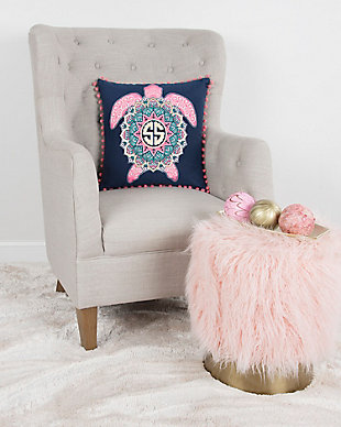 This pillow is part of the Simply Southern Pillow Collection. Henna tattoo inspired patterning on both the turtle body and the shell give this turtle a whimsical and fun attitude. Gold foil print accnets on the turtle shell and for the Simply Southern Logo in the center of the shell add just a kiss of sparkle. Small pink poms, bound in an edging trim are attached in the seam of this pillow giving a floating pom appeal. This pillow features a coordianting solid cotton back with a zipper closure for ease of fill.Printed turtle pattern with henna pattern influences | Gold foil print turtle shell patterning and simply southern logo | Soft pink poms strung into edging frame this pillow | Solid coordinating back with hidden zipper closure | Spot clean only