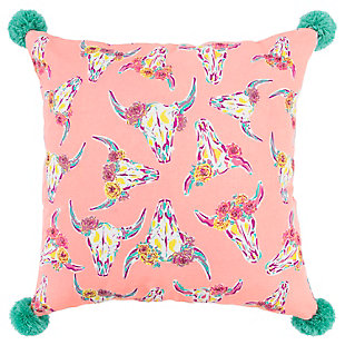 Whimsically patterned, this knife edged pillow is printed with embroidered detailing on the flowers on the cow skull crown. Hand beaded embellishment to those same flowers add just a kiss of bling. Four corner poms bring a bolt of coordintaing color to the pillow corners. This pillow also features a solid coordinating cotton back with a hidden zipper closure.Printed knife edge pillow | Embroidered accent flowers | Hand beaded flower centers | Solid coordinating back with hidden zipper closure | Spot clean only