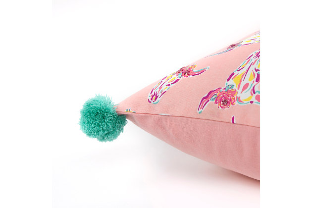 Whimsically patterned, this knife edged pillow is printed with embroidered detailing on the flowers on the cow skull crown. Hand beaded embellishment to those same flowers add just a kiss of bling. Four corner poms bring a bolt of coordintaing color to the pillow corners. This pillow also features a solid coordinating cotton back with a hidden zipper closure.Printed knife edge pillow | Embroidered accent flowers | Hand beaded flower centers | Solid coordinating back with hidden zipper closure | Spot clean only