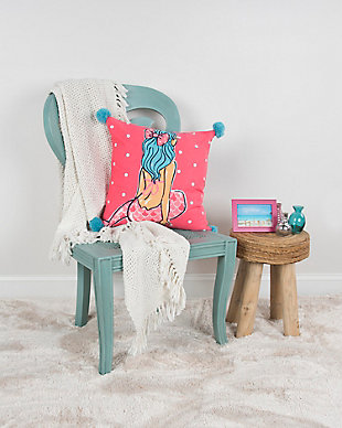 Whimsically patterned, this knife edged pillow is printed with a mermaid and polka dotted background. Four corner poms bring fun and additional whimsy to this playful pattern. A coordinating solid cotton back features a hidden zipper closure for ease of fill.Printed knife edge pillow | Polka dots | Mermaid | Coordinating solid back with hidden zipper closure | Spot clean only