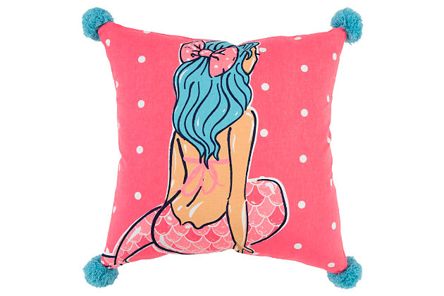 Whimsically patterned, this knife edged pillow is printed with a mermaid and polka dotted background. Four corner poms bring fun and additional whimsy to this playful pattern. A coordinating solid cotton back features a hidden zipper closure for ease of fill.Printed knife edge pillow | Polka dots | Mermaid | Coordinating solid back with hidden zipper closure | Spot clean only
