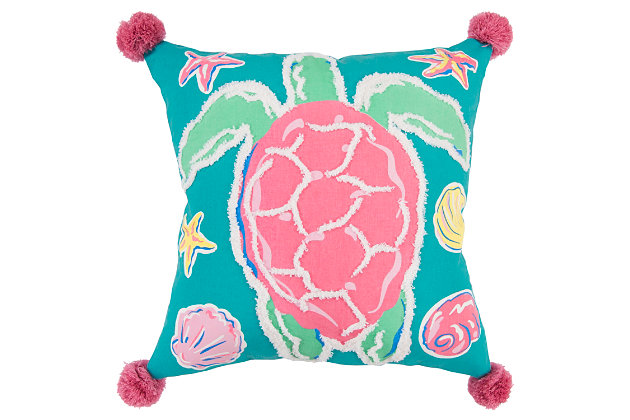 Whimsically crafted, this pillow features print with accent embroidery, some of it textural giving this pillow a soft cotton dimensioning. Four poms don the corners of this knife edged pillow. The solid coordinating cotton back features a hidden zipper closure for ease of fill.Printed knife edge pillow | Embroidered accents | Poms on each corner | Coordinating solid back with hidden zipper closure | Spot clean only