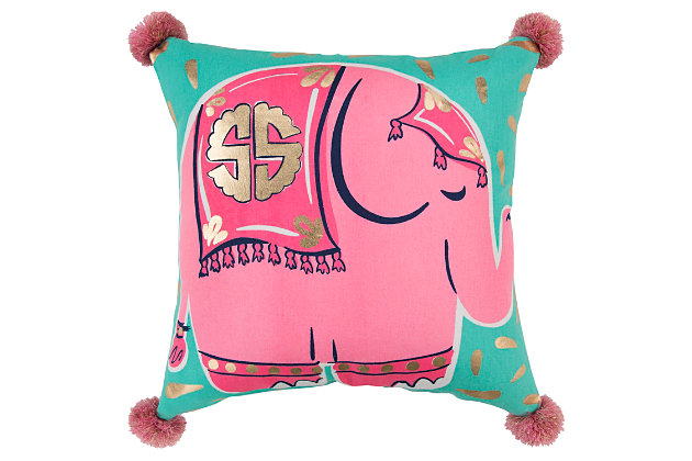 Whimsically crafted, this printed elephant on a teal background with gold foil overprint gives this pillow a grand dose of cuteness. Four pink poms don the four corners of this pillow. Knife edged, this pillow features a coordinating solid cotton back with a hidden zipper closure.Printed knife edge pillow | Poms on each of the four corners | Gold foil overprint | Coordinating solid back with hidden zipper closure | Spot clean only