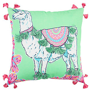 Whimsically crafted, this llama printed and embellished pillow features tasselled accents around the blanket, the collar and hoof bands. Colorful flowers accent two corners of the pillow. Three small hot pink tassels also round each of the four corners. This pillow features a solid coordinating cotton back with a hidden zipper closure.Printed knife edge pillow | Tassel embellishments | Triple miniature tassels on each corner | Coordinating solid back with hidden zipper closure | Spot clean only