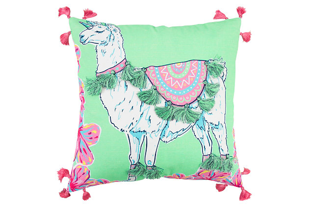 Whimsically crafted, this llama printed and embellished pillow features tasselled accents around the blanket, the collar and hoof bands. Colorful flowers accent two corners of the pillow. Three small hot pink tassels also round each of the four corners. This pillow features a solid coordinating cotton back with a hidden zipper closure.Printed knife edge pillow | Tassel embellishments | Triple miniature tassels on each corner | Coordinating solid back with hidden zipper closure | Spot clean only