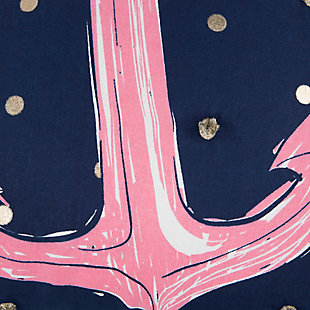Navy blue with gold metallic dots, some of which are made with gold tufts of threading give this nautical pillow a grand dose of cuteness. A pink anchor with white highlhights gives this pillow a presence in coastal homes or in land locked environments with a dream of being waterside. The four corners feature three small tassels per corner in metallic threading as well. Knife edged, this pillow features a solid cotton back with a hidden zipper closure.Printed knife edge pillow | Foil printed accents | Triple miniature tassels on each corner | Coordinating solid back with hidden zipper closure | Spot clean only