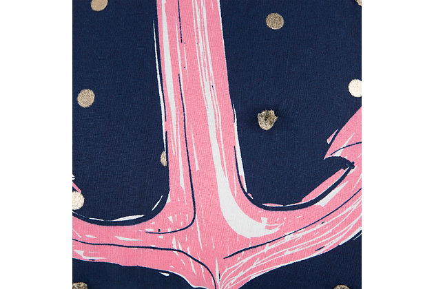 Navy blue with gold metallic dots, some of which are made with gold tufts of threading give this nautical pillow a grand dose of cuteness. A pink anchor with white highlhights gives this pillow a presence in coastal homes or in land locked environments with a dream of being waterside. The four corners feature three small tassels per corner in metallic threading as well. Knife edged, this pillow features a solid cotton back with a hidden zipper closure.Printed knife edge pillow | Foil printed accents | Triple miniature tassels on each corner | Coordinating solid back with hidden zipper closure | Spot clean only