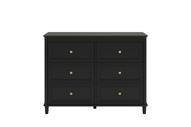 Add Victorian charm to your child’s bedroom with the Little Seeds Piper 6 Drawer Dresser. The black painted chassis looks beautiful and can be paired with your existing style and décor. The solid wood spindle feet add durability and pair with the decorative moldings for an updated look you and your child will love. Keep your child’s clothing from piling up on the floor by storing them in the 6 spacious drawers that feature built-in stops for safety. The Dresser meets the CPSIA Juvenile testing requirements and includes a wall anchor kit to ensure your child’s safety. The Dresser ships flat to your door and requires assembly upon opening. Two adults are recommended to assemble. Once assembled, the Dresser measures to be 35.625”H x 47.25”W x 19.625”D. Little Seeds partners with the National Wildlife Federation’s Garden for Wildlife program to help save the monarch butterfly.Organize your child’s clothing in the little seeds piper 6 drawer dresser | The black painted finish on the chassis and wood spindle feet pair with the decorative moldings to add victorian charm you and your child will love | The 6 drawers each feature durable metal slides with built-in stops and provide ample space for your child’s pajamas, pants, and shirts | The dresser ships flat to your door and 2 adults are recommended to assemble. Each drawer can hold up to 35 lbs. The top surface can hold 75 lbs. Assembled dimensions: 35.625h x 47.25w x 19.625d