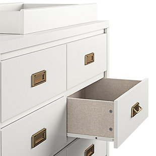 The new baby is on its way and much like an intrepid explorer, you want to be prepared with all the essentials needed for any diaper changing surprises. Yet where to store all these sundries, especially if you’re working with limited space? Enter the Little Seeds Monarch Hill Haven 6 Drawer White Changing Dresser.  With its crisp white finish and fashionable goldtone drawer pulls, this campaign style dresser with change table topper will be the perfect storage solution for your baby’s diaper changing necessities.  This 6-drawer dresser features durable metal drawer slides with built-in stops for safety, and the change table topper fits a standard size changing pad (not included). Once your little one outgrows the changing table, simply remove the topper to convert to a kids’ dresser.  The dresser-changer combo meets or exceeds the CPSIA Juvenile testing requirements and includes a wall anchor kit to ensure your child’s safety. Little Seeds not only creates on trend baby and kids’ furniture pieces, we also partner with the National Wildlife Federation’s Garden for Wildlife program to help save the Monarch butterfly.Includes 6-drawer dresser and diaper change topper | Made of white painted MDF | Goldtone pulls | Change table topper fits a standard size changing pad (not included) | Dresser features metal drawer slides with built-in safety stops | Dresser-changer combo meets or exceeds the CPSIA Juvenile testing requirements | Remove the change table topper when your child outgrows it to convert to a kids’ dresser | Top surface can hold up to 30 lbs.; each drawer can support up to 35 lbs. | Assembly required | Ships in 2 boxes