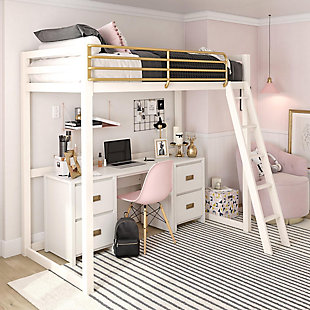 It’s what every intrepid explorer dreams of–that amazing feeling of triumph after discovering the perfect find, a kids’ furniture set with plenty of storage!  Enter the Little Seeds Monarch Hill Haven White Kids’ Nightstand and Single Pedestal Kids’ Desk combo.  With a classic white finish and beautiful goldtone drawer pulls, the campaign style desk and nightstand will offer your little adventurer plenty of space for creative exploration as well as a wealth of storage space.  The white kids’ desk and nightstand each feature two drawers for storing treasures, and when paired side by side, the single pedestal desk transforms into a more traditional pedestal desk.  The white kids’ desk also features a wireless charging pad for all Qi enabled devices–just place your device on the pad and watch your battery charge right up. The kids’ desk and nightstand meet or exceed the CPSIA Juvenile testing requirements to ensure your child’s safety. Little Seeds not only creates on trend kids’ and teen furniture pieces, we also partner with the National Wildlife Federation’s Garden for Wildlife program to help save the Monarch butterfly.Includes single pedestal desk and 2-drawer nightstand | Made of white painted MDF | Desk and nightstand each with 2 smooth-gliding drawers | Dresser features metal drawer slides with built-in safety stops | Goldtone pulls | Wireless charging pad on the desk for Qi enabled device | Desk-nightstand combo meets or exceeds the CPSIA Juvenile testing requirements | Desktop can hold up to 100 lbs. while the drawers can hold 25 lbs. each | Nightstand top surface can hold up to 40 lbs. while the drawers will each hold 25 lbs. | 1-year limited warranty | Assembly required | Ships in 2 boxes