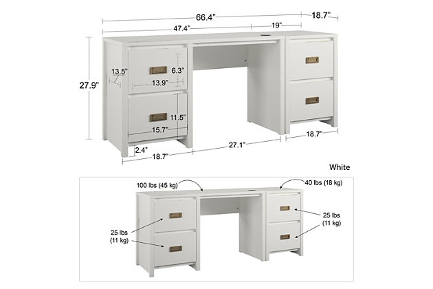 It’s what every intrepid explorer dreams of–that amazing feeling of triumph after discovering the perfect find, a kids’ furniture set with plenty of storage!  Enter the Little Seeds Monarch Hill Haven White Kids’ Nightstand and Single Pedestal Kids’ Desk combo.  With a classic white finish and beautiful goldtone drawer pulls, the campaign style desk and nightstand will offer your little adventurer plenty of space for creative exploration as well as a wealth of storage space.  The white kids’ desk and nightstand each feature two drawers for storing treasures, and when paired side by side, the single pedestal desk transforms into a more traditional pedestal desk.  The white kids’ desk also features a wireless charging pad for all Qi enabled devices–just place your device on the pad and watch your battery charge right up. The kids’ desk and nightstand meet or exceed the CPSIA Juvenile testing requirements to ensure your child’s safety. Little Seeds not only creates on trend kids’ and teen furniture pieces, we also partner with the National Wildlife Federation’s Garden for Wildlife program to help save the Monarch butterfly.Includes single pedestal desk and 2-drawer nightstand | Made of white painted MDF | Desk and nightstand each with 2 smooth-gliding drawers | Dresser features metal drawer slides with built-in safety stops | Goldtone pulls | Wireless charging pad on the desk for Qi enabled device | Desk-nightstand combo meets or exceeds the CPSIA Juvenile testing requirements | Desktop can hold up to 100 lbs. while the drawers can hold 25 lbs. each | Nightstand top surface can hold up to 40 lbs. while the drawers will each hold 25 lbs. | 1-year limited warranty | Assembly required | Ships in 2 boxes