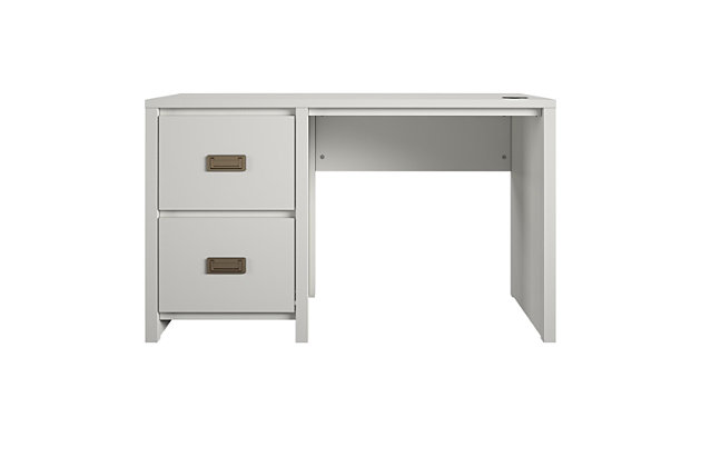 It’s what every intrepid explorer dreams of – that amazing feeling of triumph after discovering the perfect find, a kids’ desk for spaces! Enter the Little Seeds Monarch Hill Haven White Single Pedestal Kids’ Desk. With its classic white finish and beautiful gold drawer pulls, this campaign style single pedestal desk will be the hub of your little adventurer’s creative explorations. This white kids’ desk features two drawers for storing treasures and school supplies, but if more storage is needed, simply pair this single pedestal desk with the Little Seeds Monarch Hill Haven White Kids’ Nightstand (sold separately) to transform it into a traditional pedestal desk with two extra drawers. The white kids’ desk also features a wireless charging pad for all Qi enabled devices – just place your device on the pad and watch your battery charge right up! The Little Seeds Monarch Hill Haven White Single Pedestal Kids’ Desk also meets or exceeds the CPSIA Juvenile testing requirements to ensure your child’s safety. Little Seeds not only creates this and many more on trend kids’ and teen furniture pieces, we also partner with the National Wildlife Federation’s Garden for Wildlife program to help save the Monarch butterfly.Made of white painted mdf. the desk drawers feature durable metal slides with built in stops for safety. | Wireless charging pad for qi enabled devices | The desktop can hold up to 100 lbs. While the drawers can hold 25 lbs. Each | 1 year limited warranty. Assembled dimensions: 27.9”h x 47.4”w x 18.7”d