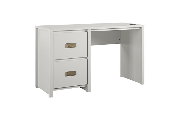 It’s what every intrepid explorer dreams of – that amazing feeling of triumph after discovering the perfect find, a kids’ desk for small spaces! Enter the Little Seeds Monarch Hill Haven White Single Pedestal Kids’ Desk. With its classic white finish and beautiful gold drawer pulls, this campaign style single pedestal desk will be the hub of your little adventurer’s creative explorations. This white kids’ desk features two drawers for storing treasures and school supplies, but if more storage is needed, simply pair this single pedestal desk with the Little Seeds Monarch Hill Haven White Kids’ Nightstand (sold separately) to transform it into a traditional pedestal desk with two extra drawers. The white kids’ desk also features a wireless charging pad for all Qi enabled devices – just place your device on the pad and watch your battery charge right up! The Little Seeds Monarch Hill Haven White Single Pedestal Kids’ Desk also meets or exceeds the CPSIA Juvenile testing requirements to ensure your child’s safety. Little Seeds not only creates this and many more on trend kids’ and teen furniture pieces, we also partner with the National Wildlife Federation’s Garden for Wildlife program to help save the Monarch butterfly.Made of white painted mdf.  the desk drawers feature durable metal slides with built in stops for safety. | Wireless charging pad for qi enabled devices | The desktop can hold up to 100 lbs. While the drawers can hold 25 lbs. Each | 1  year limited warranty. Assembled dimensions: 27.9”h x 47.4”w x 18.7”d