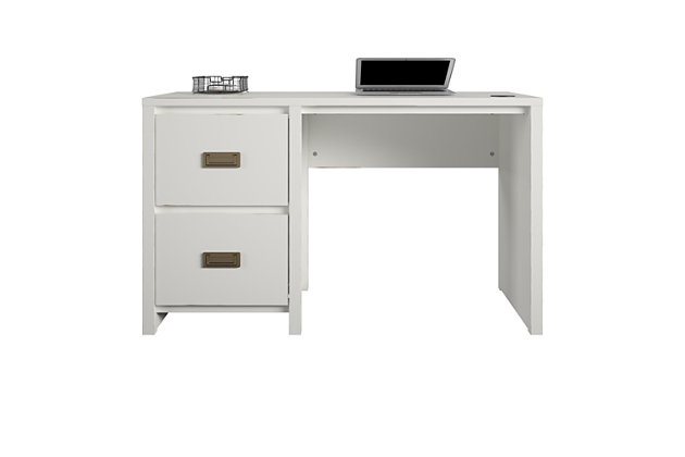 It’s what every intrepid explorer dreams of – that amazing feeling of triumph after discovering the perfect find, a kids’ desk for small spaces! Enter the Little Seeds Monarch Hill Haven White Single Pedestal Kids’ Desk. With its classic white finish and beautiful gold drawer pulls, this campaign style single pedestal desk will be the hub of your little adventurer’s creative explorations. This white kids’ desk features two drawers for storing treasures and school supplies, but if more storage is needed, simply pair this single pedestal desk with the Little Seeds Monarch Hill Haven White Kids’ Nightstand (sold separately) to transform it into a traditional pedestal desk with two extra drawers. The white kids’ desk also features a wireless charging pad for all Qi enabled devices – just place your device on the pad and watch your battery charge right up! The Little Seeds Monarch Hill Haven White Single Pedestal Kids’ Desk also meets or exceeds the CPSIA Juvenile testing requirements to ensure your child’s safety. Little Seeds not only creates this and many more on trend kids’ and teen furniture pieces, we also partner with the National Wildlife Federation’s Garden for Wildlife program to help save the Monarch butterfly.Made of white painted mdf.  the desk drawers feature durable metal slides with built in stops for safety. | Wireless charging pad for qi enabled devices | The desktop can hold up to 100 lbs. While the drawers can hold 25 lbs. Each | 1  year limited warranty. Assembled dimensions: 27.9”h x 47.4”w x 18.7”d