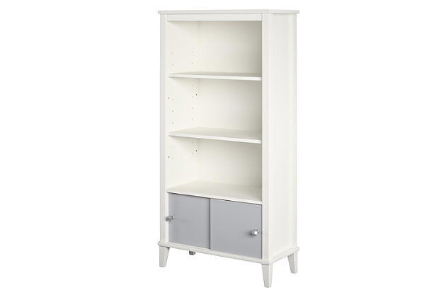 It’s what every little bookworm dreams of – a kids’ bookcase to house all their favorite picture books and bedtime stories easily within their short reach – the Little Seeds Monarch Hill Poppy Kids’ White Bookcase! Made of laminated MDF and particleboard, this adorable kids’ bookcase features three open shelves for storing all their favorite books and toys, two of which are adjustable to your preferred height. The two gray sliding door fronts on the bookcase’s bottom cubby give your little one a bonus storage space for their secret treasures, and we’ve included two different sets of knobs so you can customize the kids’ bookcase to your personal style. The Little Seeds Monarch Hill Poppy Kids’ White Bookcase will not only be a charming addition to your kids’ bedroom décor, it just might be the very thing to catalyze your little scholar’s lifelong love of reading. For added peace of mind, the kids’ bookcase meets or exceeds the CPSIA Juvenile testing requirements and comes with a wall anchor kit to ensure your child’s safety. Little Seeds not only creates this and many more on trend kids’ furniture pieces, we also partner with the National Wildlife Federation’s Garden for Wildlife program to help save the Monarch butterfly.Made of laminated mdf and particleboard | Includes 2 knob choices to customize the cubby’s sliding doors to your personal style | Each shelf and the lower concealed cubby can hold up to 35 lbs. Each.  a wall anchor kit is included to ensure your child's safety | 1 year limited warranty.  assembled dimensions: 54.92h x 27.44w x 12.76d