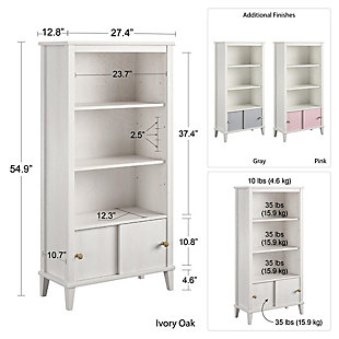 It’s what every little bookworm dreams of – a kids’ bookcase to house all their favorite picture books and bedtime stories easily within their short reach – the Little Seeds Monarch Hill Poppy Kids’ White Bookcase! Made of laminated MDF and particleboard, this adorable kids’ bookcase features three open shelves for storing all their favorite books and toys, two of which are adjustable to your preferred height. The two gray sliding door fronts on the bookcase’s bottom cubby give your little one a bonus storage space for their secret treasures, and we’ve included two different sets of knobs so you can customize the kids’ bookcase to your personal style. The Little Seeds Monarch Hill Poppy Kids’ White Bookcase will not only be a charming addition to your kids’ bedroom décor, it just might be the very thing to catalyze your little scholar’s lifelong love of reading. For added peace of mind, the kids’ bookcase meets or exceeds the CPSIA Juvenile testing requirements and comes with a wall anchor kit to ensure your child’s safety. Little Seeds not only creates this and many more on trend kids’ furniture pieces, we also partner with the National Wildlife Federation’s Garden for Wildlife program to help save the Monarch butterfly.Made of laminated mdf and particleboard | Includes 2 knob choices to customize the cubby’s sliding doors to your personal style | Each shelf and the lower concealed cubby can hold up to 35 lbs. Each.  a wall anchor kit is included to ensure your child's safety | 1 year limited warranty.  assembled dimensions: 54.92h x 27.44w x 12.76d
