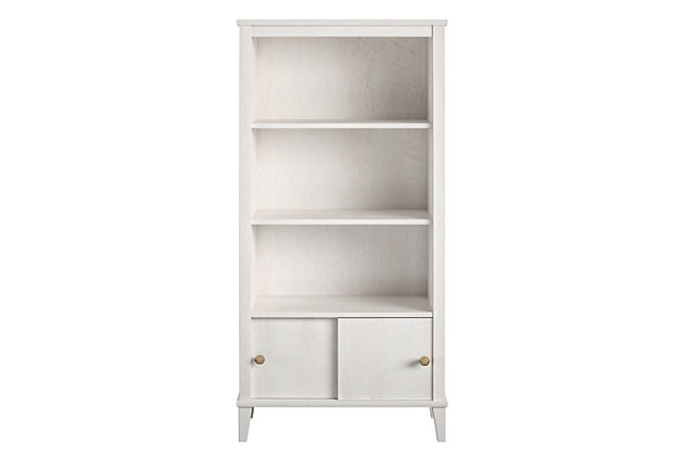 It’s what every little bookworm dreams of – a kids’ bookcase to house all their favorite picture books and bedtime stories easily within their short reach – the Little Seeds Monarch Hill Poppy Kids’ White Bookcase! Made of laminated MDF and particleboard with an Ivory Oak woodgrain finish, this adorable kids’ bookcase features three open shelves for storing all their favorite books and toys, two of which are adjustable to your preferred height. The two sliding door fronts on the bookcase’s bottom cubby give your little one a bonus storage space for their secret treasures, and we’ve included two different sets of knobs so you can customize the kids’ bookcase to your personal style. The Little Seeds Monarch Hill Poppy Kids’ White Bookcase will not only be a charming addition to your kids’ bedroom décor, it just might be the very thing to catalyze your little scholar’s lifelong love of reading. For added peace of mind, the kids’ bookcase meets or exceeds the CPSIA Juvenile testing requirements and comes with a wall anchor kit to ensure your child’s safety. Little Seeds not only creates this and many more on trend kids’ furniture pieces, we also partner with the National Wildlife Federation’s Garden for Wildlife program to help save the Monarch butterfly.Made of laminated mdf and particleboard | Includes 2 knob choices to customize the cubby’s sliding doors to your personal style | Each shelf and the lower concealed cubby can hold up to 35 lbs. Each. a wall anchor kit is included to ensure your child's safety | 1 year limited warranty. assembled dimensions: 54.92h x 27.44w x 12.76d