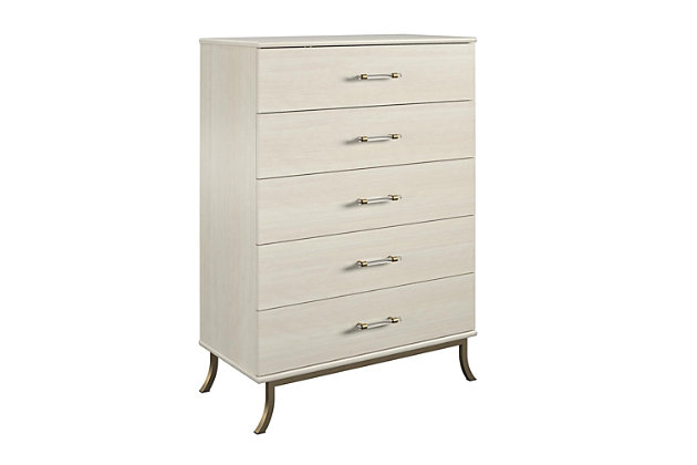 When the time has come to consider teen bedroom ideas for your ever-evolving little princess, let the Little Seeds Monarch Hill Clementine White 5 Drawer Dresser be an elegant part of your bedroom design. Made from laminated MDF and particle board with a warm, off-white wood grain finish, this 5 drawer dresser has plenty of room for all your teen’s clothes storage needs. With its clear, acrylic handles and chic gold metal base, this beautiful dresser will be the perfect storage piece not only for a teen girl bedroom, but any room in your home. The Little Seeds Monarch Hill Clementine White 5 Drawer Dresser meets or exceeds the CPSIA Juvenile testing requirements and includes a wall anchor kit to ensure your child’s safety. Little Seeds not only creates this and many more on trend kids’ and teen furniture pieces, we also partner with the National Wildlife Federation’s Garden for Wildlife program to help save the Monarch butterfly.Made of laminated mdf and particleboard with an off-white woodgrain finish | 5 drawers with durable metal slides and built in stops for safety | Drawer weight limit: 35 lbs. Each | Assembled dimensions: 49.53” h x 35.59” w x 17.91” d. 1 year limited warranty