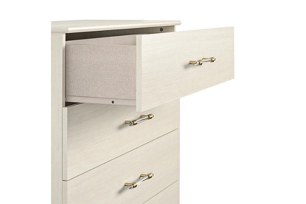 When the time has come to consider teen bedroom ideas for your ever-evolving little princess, let the Little Seeds Monarch Hill Clementine White 5 Drawer Dresser be an elegant part of your bedroom design. Made from laminated MDF and particle board with a warm, off-white wood grain finish, this 5 drawer dresser has plenty of room for all your teen’s clothes storage needs. With its clear, acrylic handles and chic gold metal base, this beautiful dresser will be the perfect storage piece not only for a teen girl bedroom, but any room in your home. The Little Seeds Monarch Hill Clementine White 5 Drawer Dresser meets or exceeds the CPSIA Juvenile testing requirements and includes a wall anchor kit to ensure your child’s safety. Little Seeds not only creates this and many more on trend kids’ and teen furniture pieces, we also partner with the National Wildlife Federation’s Garden for Wildlife program to help save the Monarch butterfly.Made of laminated mdf and particleboard with an off-white woodgrain finish | 5 drawers with durable metal slides and built in stops for safety | Drawer weight limit: 35 lbs. Each | Assembled dimensions: 49.53” h x 35.59” w x 17.91” d. 1 year limited warranty