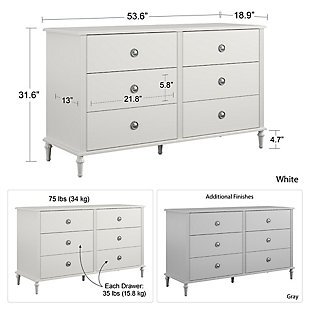 Your little one has most certainly outgrown her childhood bedroom and has been scouring the internet for teen bedroom ideas to transform her space from a kid’s playroom to her own sophisticated sanctuary space free from grown-up demands and rules. Let the Little Seeds Rowan Valley Arden 6 Drawer Gray Kids’ Dresser be an elegant addition to your child’s new grown up space. Made of laminated MDF and particle board with a chic dove Gray finish and posh silver ring drawer pulls, this beautiful kids’ dresser will be a perfect piece for your child’s clothing storage needs. The Little Seeds Rowan Valley Arden 6 Drawer Gray Kids’ Dresser drawers feature durable metal drawer slides with built-in stops for safety. If your little one is still in diapers, you can add the optional Changing Table Topper (sold separately) to convert to a changing table dresser. The kids’ dresser meets or exceeds the CPSIA Juvenile testing requirements and includes a wall anchor kit to ensure your child’s safety. Little Seeds not only creates this and many more on trend baby and kids’ furniture pieces, we also partner with the National Wildlife Federation’s Garden for Wildlife program to help save the Monarch butterfly.Made of laminated mdf and particleboard with dove gray finish | 6 drawers with durable metal slides and built in stops for safety | Drawer weight limit: 35 lbs. Each, top weight limit: 75 lbs., 1 year limited warranty | Assembled dimensions: 31.57” h x 53.62” w x 18.9” d