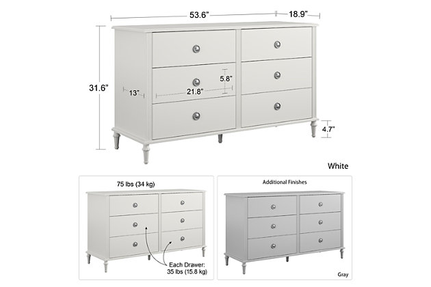 Your little one has most certainly outgrown her childhood bedroom and has been scouring the internet for teen bedroom ideas to transform her space from a kid’s playroom to her own sophisticated sanctuary space free from grown-up demands and rules. Let the Little Seeds Rowan Valley Arden 6 Drawer White Kids’ Dresser be an elegant addition to your child’s new grown up space. Made of laminated MDF and particle board with a chic white finish and posh silver ring drawer pulls, this beautiful white kids’ dresser will be a perfect piece for your child’s clothing storage needs. The Little Seeds Rowan Valley Arden 6 Drawer White Kids’ Dresser drawers feature durable metal drawer slides with built-in stops for safety. If your little one is still in diapers, you can add the optional Changing Table Topper (sold separately) to convert to a changing table dresser. The kids’ dresser meets or exceeds the CPSIA Juvenile testing requirements and includes a wall anchor kit to ensure your child’s safety. Little Seeds not only creates this and many more on trend baby and kids’ furniture pieces, we also partner with the National Wildlife Federation’s Garden for Wildlife program to help save the Monarch butterfly.Made of laminated mdf and particleboard with white finish | 6 drawers with durable metal slides and built in stops for safety | Drawer weight limit: 35 lbs. Each, top weight limit: 75 lbs., 1 year limited warranty | Assembled dimensions: 31.57” h x 53.62” w x 18.9” d
