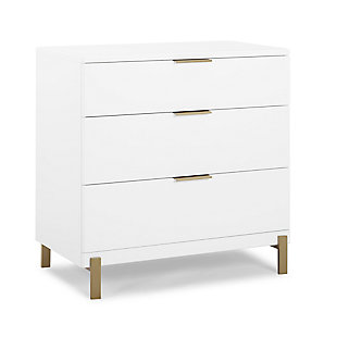 This fashionable and functional 3-drawer dresser offers plenty of storage space and is an attractive addition to your child's bedroom or nursery. With sleek bronze-tone feet and drawer pulls, the contemporary design and neutral shades blend beautifully with almost any color scheme or room decor. Pair it with the coordinating changing top (sold separately) to create a sturdy, stylish changing table.Made of wood, engineered wood and metal | White with bronze-tone legs and drawer pulls | 3 drawers for plenty of storage space | Durable, easy-to-clean finish | Ul stability verified; tested to astm f2057 furniture safety standard | Includes wall anchor