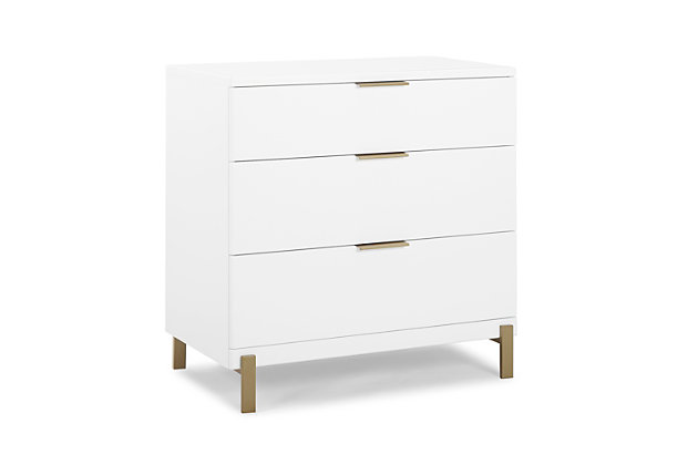 This fashionable and functional 3-drawer dresser offers plenty of storage space and is an attractive addition to your child's bedroom or nursery. With sleek bronze-tone feet and drawer pulls, the contemporary design and neutral shades blend beautifully with almost any color scheme or room decor. Pair it with the coordinating changing top (sold separately) to create a sturdy, stylish changing table.Made of wood, engineered wood and metal | White with bronze-tone legs and drawer pulls | 3 drawers for plenty of storage space | Durable, easy-to-clean finish | Ul stability verified; tested to astm f2057 furniture safety standard | Includes wall anchor