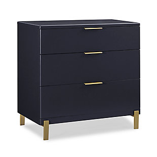 This fashionable and functional 3-drawer dresser offers plenty of storage space and is an attractive addition to your child's bedroom or nursery. With sleek bronze-tone feet and drawer pulls, the contemporary design and neutral shades blend beautifully with almost any color scheme or room decor. Pair it with the coordinating changing top (sold separately) to create a sturdy, stylish changing table.Made of wood, engineered wood and metal | Black with bronze-tone legs and drawer pulls | 3 drawers for plenty of storage space | Durable, easy-to-clean finish | Ul stability verified; tested to astm f2057 furniture safety standard | Includes wall anchor