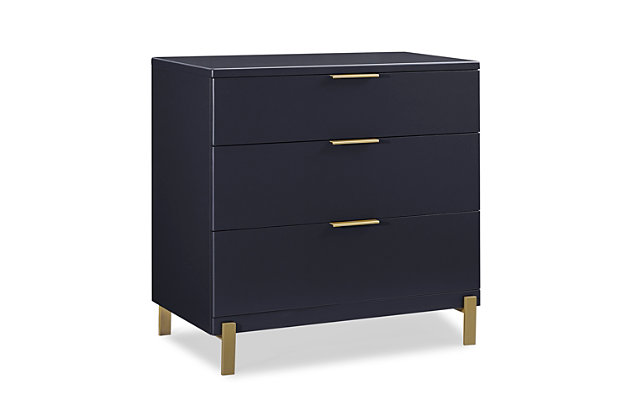 This fashionable and functional 3-drawer dresser offers plenty of storage space and is an attractive addition to your child's bedroom or nursery. With sleek bronze-tone feet and drawer pulls, the contemporary design and neutral shades blend beautifully with almost any color scheme or room decor. Pair it with the coordinating changing top (sold separately) to create a sturdy, stylish changing table.Made of wood, engineered wood and metal | Black with bronze-tone legs and drawer pulls | 3 drawers for plenty of storage space | Durable, easy-to-clean finish | Ul stability verified; tested to astm f2057 furniture safety standard | Includes wall anchor