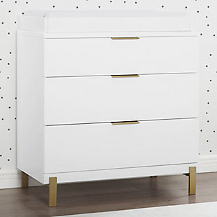 Transform any dresser into a changing table with this simple yet stylish changing top. It features a sturdy wood design and neutral colors that blend easily with any room decor or color scheme. When diaper-changing days are over, just remove it and reclaim the space on top of the dresser.Made of wood in white finish | Durable and easy to clean | Pairs with changing pads 32" l x 16" w x 1" d (sold separately) | Fits any dresser with top at least 33.75" l x 17.25" w | Jpma certified; tested above and beyond industry standards