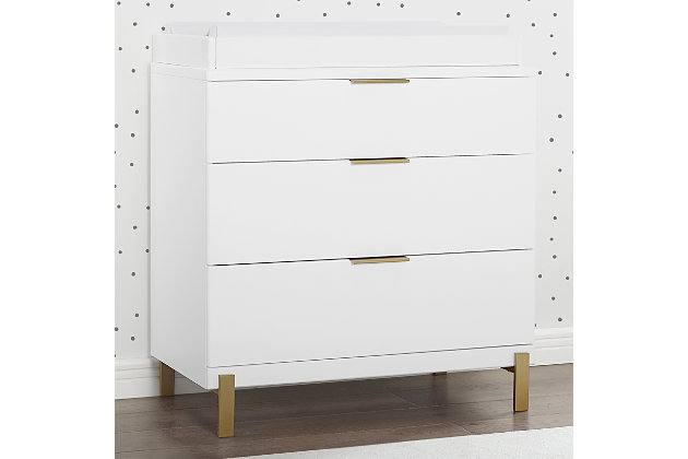 Transform any dresser into a changing table with this simple yet stylish changing top. It features a sturdy wood design and neutral colors that blend easily with any room decor or color scheme. When diaper-changing days are over, just remove it and reclaim the space on top of the dresser.Made of wood in white finish | Durable and easy to clean | Pairs with changing pads 32" l x 16" w x 1" d (sold separately) | Fits any dresser with top at least 33.75" l x 17.25" w | Jpma certified; tested above and beyond industry standards