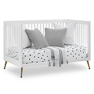 The Sloane 4-in-1 convertible crib is fashionable and functional, adjusting to your changing needs over time. In neutral colors that match just about any room decor, it transforms into a toddler bed, sofa and daybed as your child grows. Splayed bronze-tone feet add a polished look, and clear acrylic spindles create an open, airy feel. To complete the nursery, pair this crib with the Sloane 4-drawer dresser with changing top.Wood frame with white finish | Clear acrylic spindles | Splayed bronze-tone feet | Converts from crib to toddler bed, sofa and daybed (conversion rail included) | Pair with sloane 4-drawer dresser (sold separately) | Jpma certified; tested above and beyond industry standards