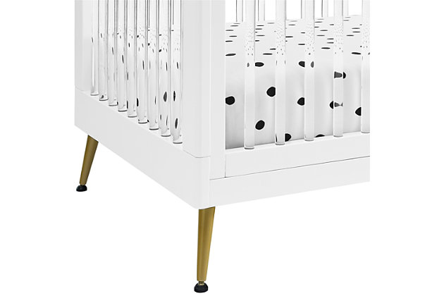The Sloane 4-in-1 convertible crib is fashionable and functional, adjusting to your changing needs over time. In neutral colors that match just about any room decor, it transforms into a toddler bed, sofa and daybed as your child grows. Splayed bronze-tone feet add a polished look, and clear acrylic spindles create an open, airy feel. To complete the nursery, pair this crib with the Sloane 4-drawer dresser with changing top.Wood frame with white finish | Clear acrylic spindles | Splayed bronze-tone feet | Converts from crib to toddler bed, sofa and daybed (conversion rail included) | Pair with sloane 4-drawer dresser (sold separately) | Jpma certified; tested above and beyond industry standards