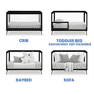 The Sloane 4-in-1 convertible crib is fashionable and functional, adjusting to your changing needs over time. In neutral colors that match just about any room decor, it transforms into a toddler bed, sofa and daybed as your child grows. Splayed bronze-tone feet add a polished look, and clear acrylic spindles create an open, airy feel. To complete the nursery, pair this crib with the Sloane 4-drawer dresser with changing top.Wood frame with black finish | Clear acrylic spindles | Splayed bronze-tone feet | Converts from crib to toddler bed, sofa and daybed (conversion rail included) | Pair with sloane 4-drawer dresser (sold separately) | Jpma certified; tested above and beyond industry standards