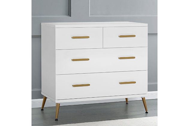 The fashionable and functional Sloane 4-drawer dresser offers plenty of storage space and is an attractive addition to your child's bedroom or nursery. Best of all, it is also a changing table. With sleek bronze-tone feet and drawer pulls, the contemporary design and neutral shades blend beautifully with most any color scheme or room decor. The removable changing top creates a perfect spot for diaper duty, and can be removed for a more grown-up space when diaper-changing days are over. To complete the nursery, pair this dresser with the Sloane 4-in-1 convertible crib.Wood frame with white finish | Removable changing top | Bronze-tone drawer handles and splayed feet | 4 spacious drawers for ample storage | Ul stability verified; tested to astm f2057 furniture safety standard | Includes wall anchor
