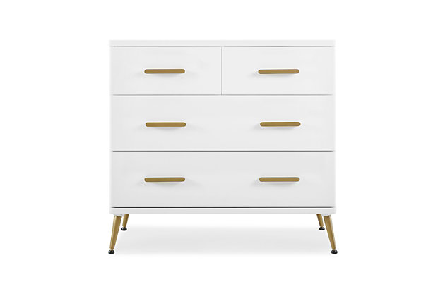 The fashionable and functional Sloane 4-drawer dresser offers plenty of storage space and is an attractive addition to your child's bedroom or nursery. Best of all, it is also a changing table. With sleek bronze-tone feet and drawer pulls, the contemporary design and neutral shades blend beautifully with most any color scheme or room decor. The removable changing top creates a perfect spot for diaper duty, and can be removed for a more grown-up space when diaper-changing days are over. To complete the nursery, pair this dresser with the Sloane 4-in-1 convertible crib.Wood frame with white finish | Removable changing top | Bronze-tone drawer handles and splayed feet | 4 spacious drawers for ample storage | Ul stability verified; tested to astm f2057 furniture safety standard | Includes wall anchor